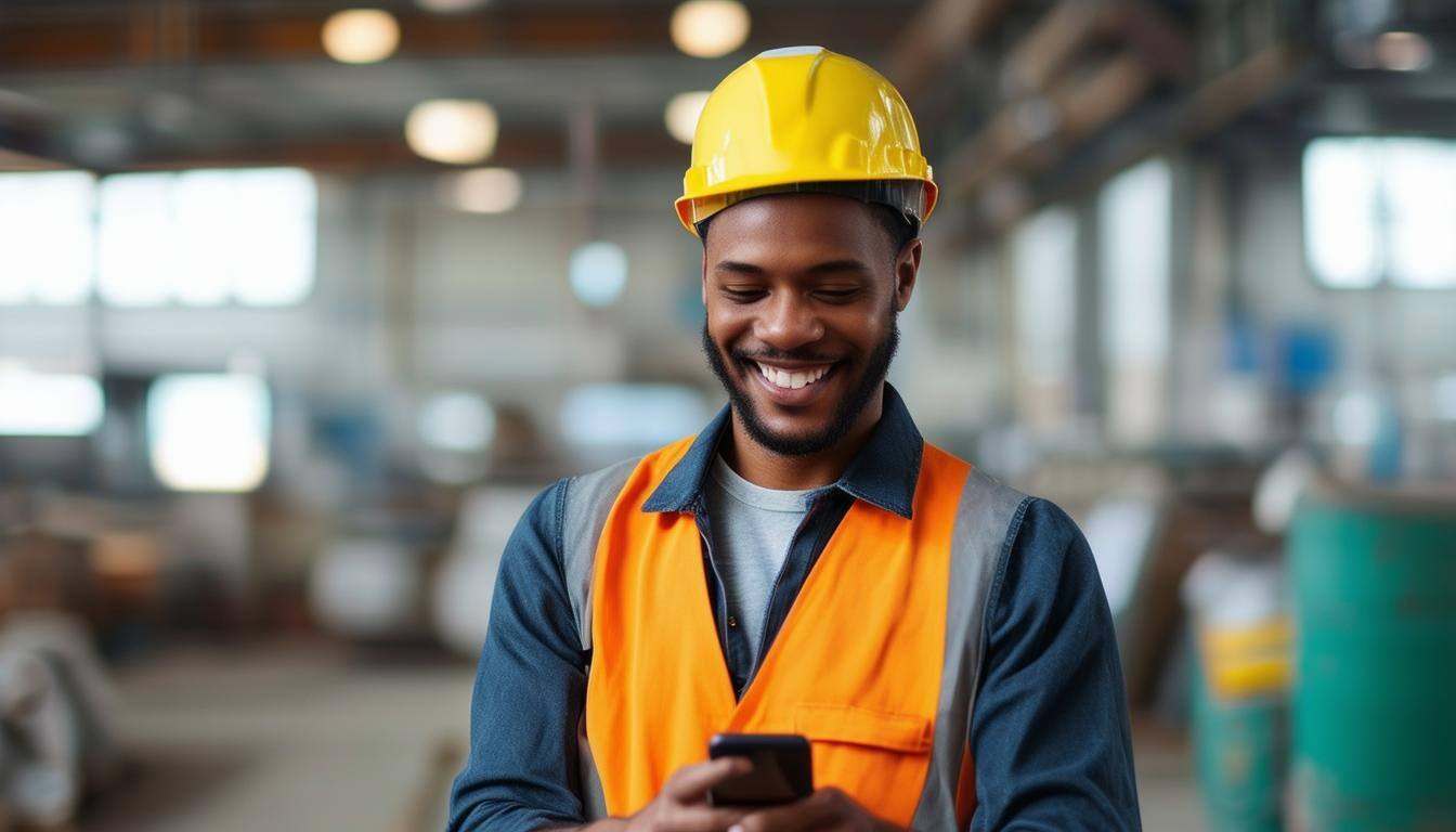 happy worker using phone