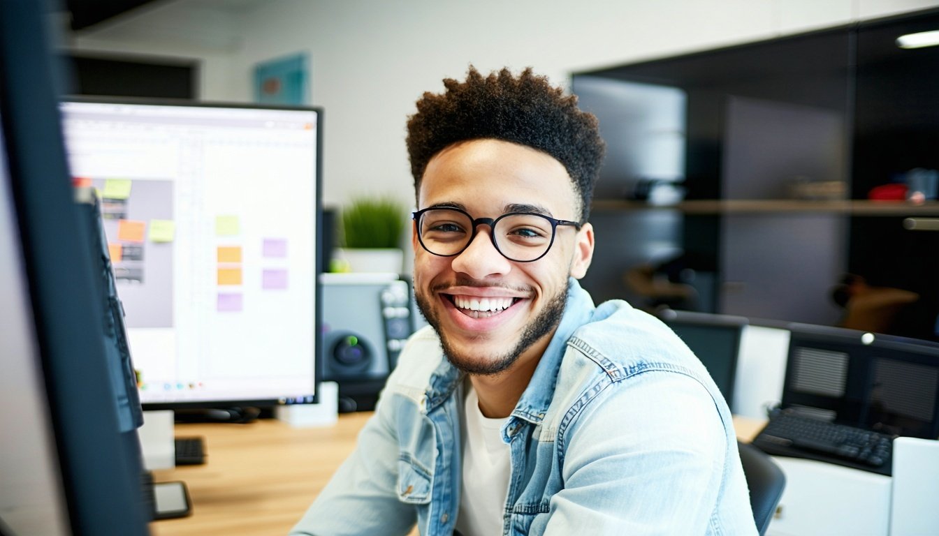happy man in an office 